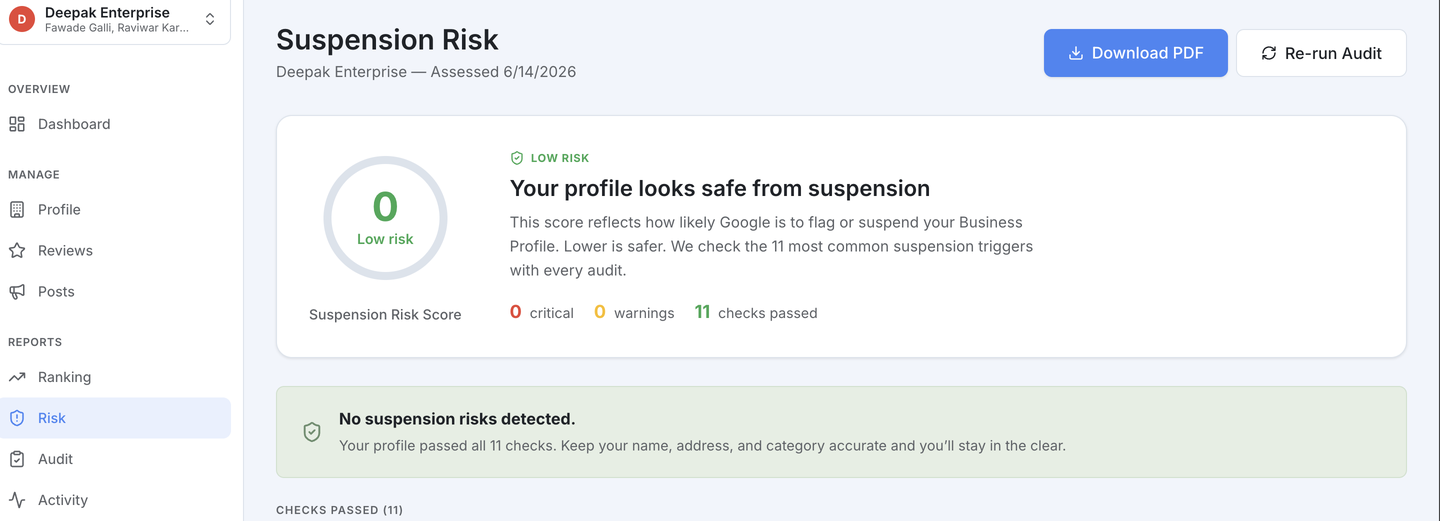 LocalNinja suspension-risk audit screen — Low Risk score with 11 checks passed and no suspension risks detected
